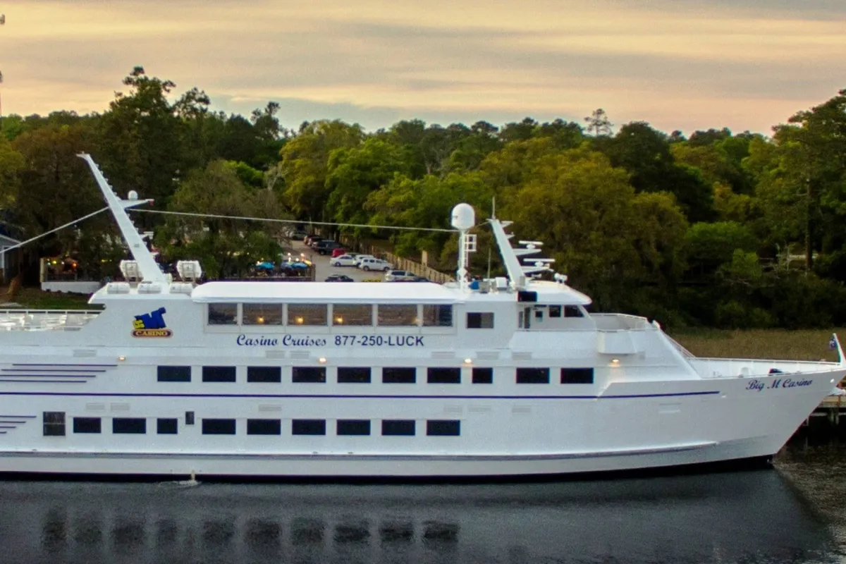 The image features a large white cruise ship gliding along a waterway, backed by lush trees. The scene is active and social, suggesting excitement, group activities, and the allure of exploring the area by boat.